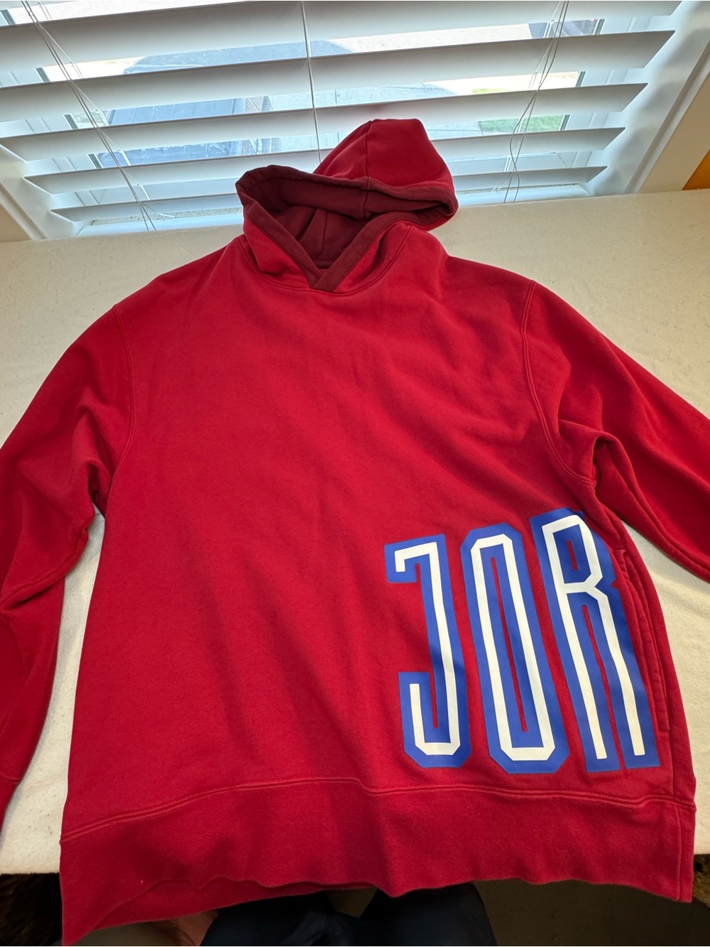 Jordan Red Hooded Sweatshirt with Blue White Side Logo